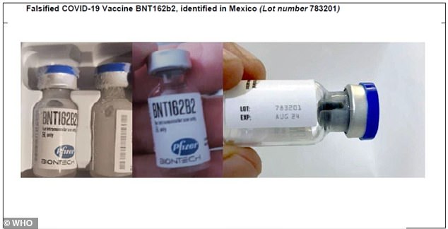 Pfizer Inc said it has identified counterfeit versions of its coronavirus vaccine being used in Mexico and Poland. Pictured: A vial of a fraudulent Pfizer COVID-19 vaccine in Mexico